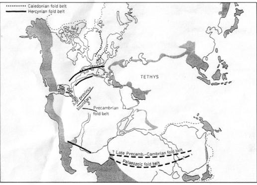 Figure 2. Pangaea as reconstructed by Alan Gilbert Smith and Jim Briden: stippled areas are those affected by later Tertiary deformation (from Hallam 2000).